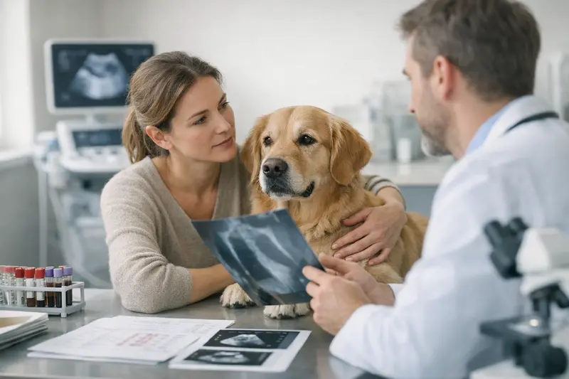 Hundeversicherung und Diagnostik Ein Hund beim Tierarzt zur Durchführung von Blutuntersuchungen und Bildgebungsdiagnostik.