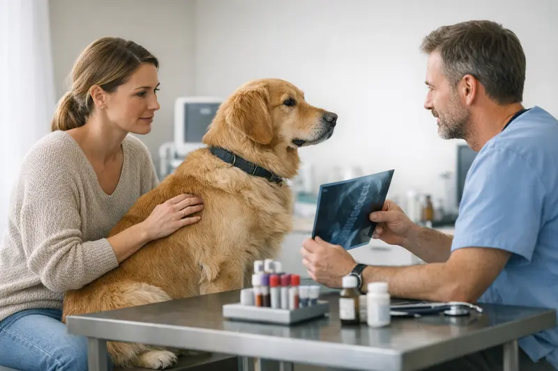Diagnostik und Nachsorge beim Tierarzt Tierarzt bei der Untersuchung eines Hundes zur Diagnostik und Nachsorge