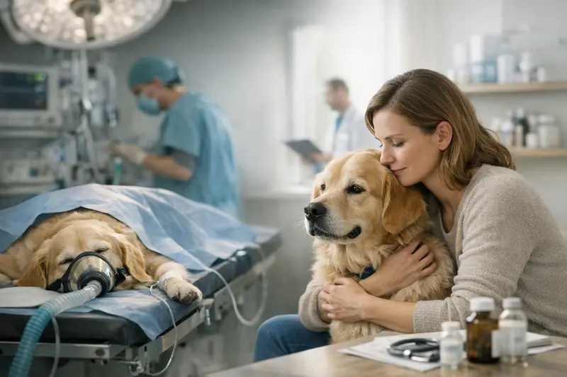 Tierarztbesuch mit Hund Ein Hund liegt beim Tierarzt, während er eine Behandlung erhält, die durch eine Krankenversicherung abgesichert ist.