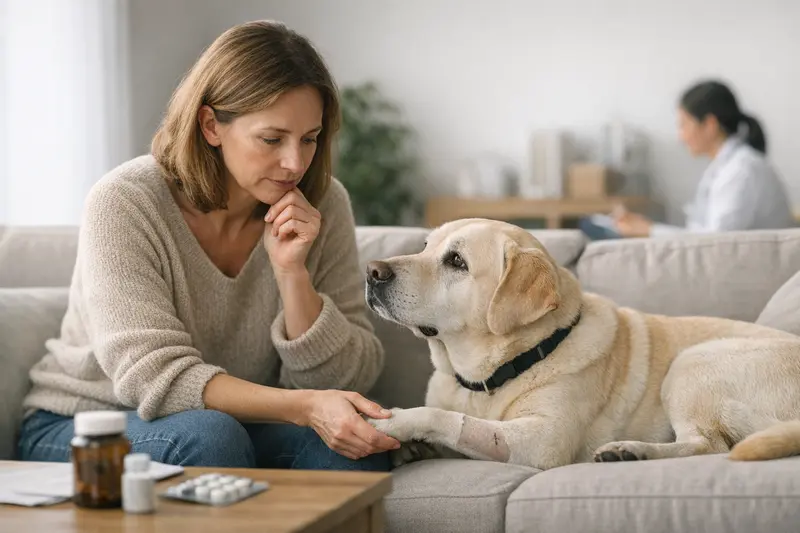 Tierarztbesuch mit Hund und Versicherungsthemen Ein Hund sitzt beim Tierarzt und lässt sich untersuchen, während der Besitzer die Kosten für eine Versicherung abwägt.