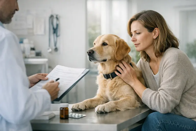 Hundeversicherung und deren Wartezeiten Ein Hundebesitzer bespricht die Bedingungen einer Hundeversicherung, einschließlich Wartezeiten und Ausschlüssen.