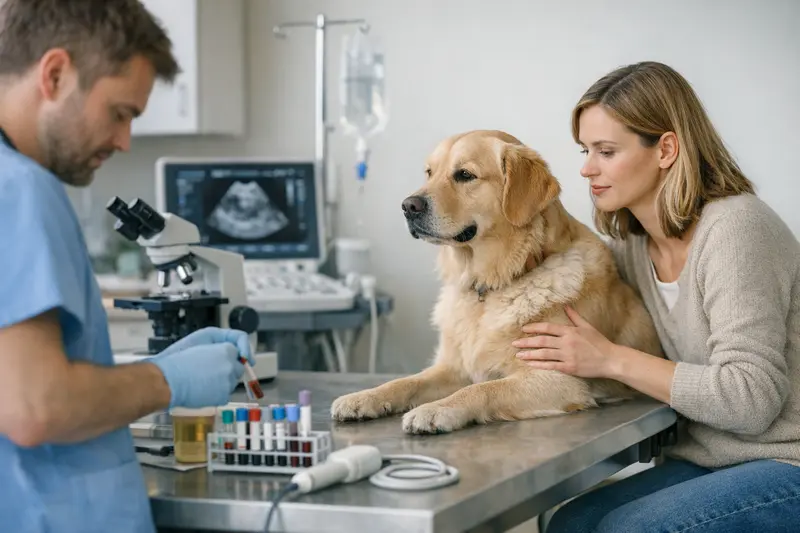 Wichtigkeit der Diagnostik in der Hundeversicherung Tierarzt untersucht einen Hund mit Bluttest und Ultraschall.