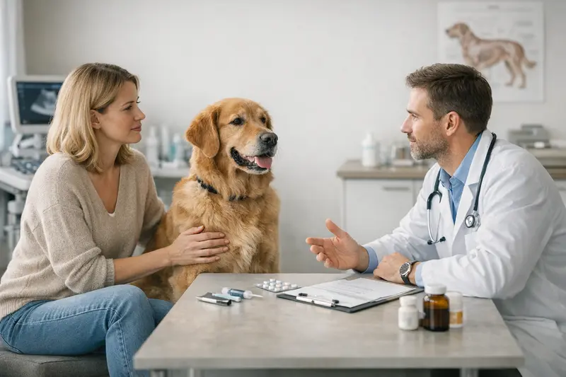 Ein Hundebesitzer vergleicht verschiedene Tarife für eine Hundekrankenversicherung auf einem Tablet.