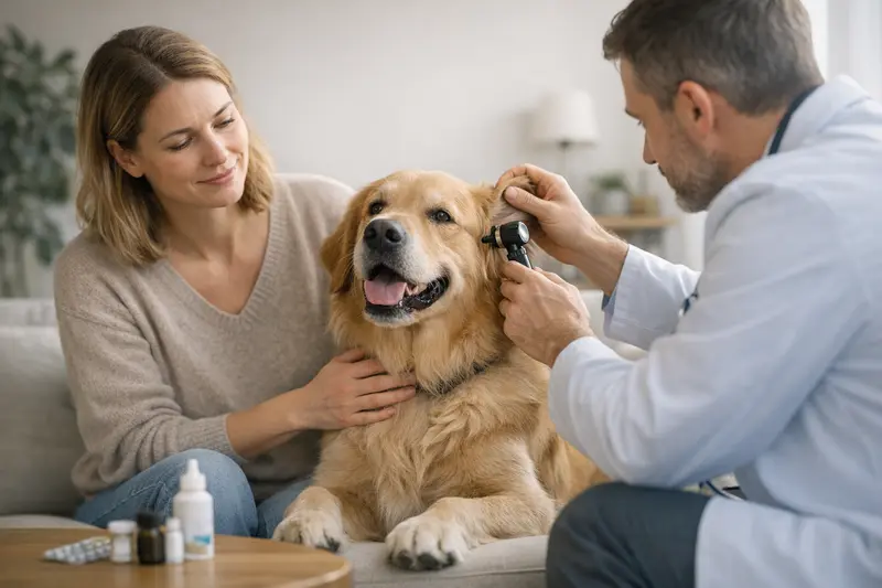 Vorsorgeuntersuchung Hund Ein Hund beim Tierarzt, der eine Vorsorgeuntersuchung erhält.