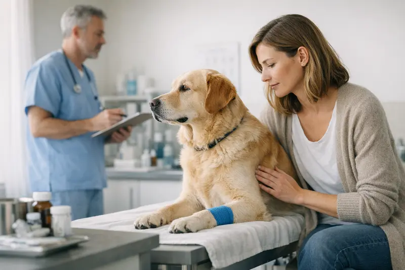 Hund beim Tierarzt zur Besprechung einer OP-Versicherung
