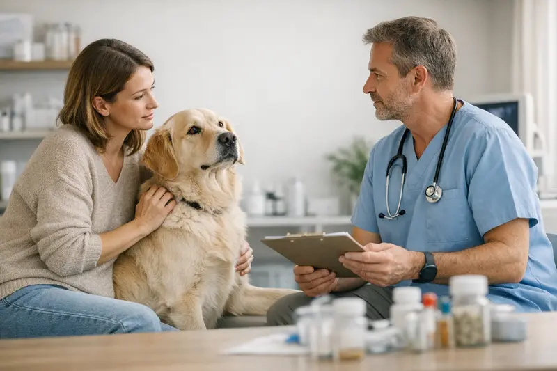 Ein Hund beim Tierarzt zur Untersuchung, was die Relevanz von Tierkrankenversicherungen verdeutlicht.