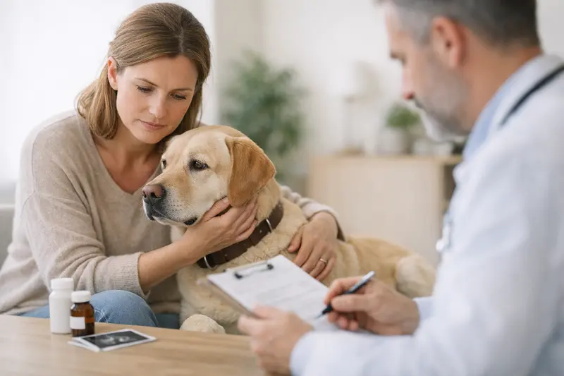 Tierkrankenversicherung und Vorerkrankungen Ein Hundebesitzer spricht mit einem Tierarzt über die Auswirkungen von Vorerkrankungen auf die Tierkrankenversicherung.
