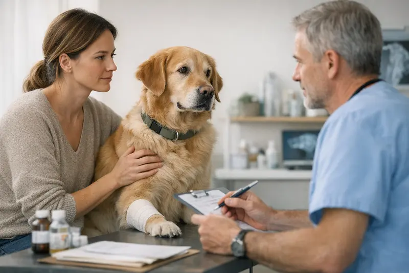 Tierarztgespräch zur Tierkrankenversicherung Hund und Tierarzt im Gespräch über Vorerkrankungen und Versicherungsschutz