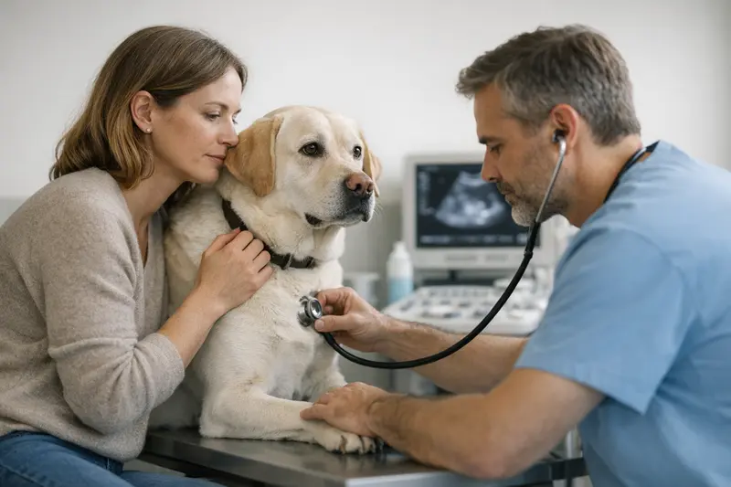 Hundegesundheit - Diagnostik vor der OP Ein Hund beim Tierarzt, der sich einer diagnostischen Untersuchung vor einer Operation unterziehen muss.