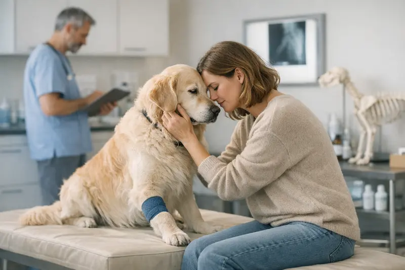 Tierarztgespräch zur Hundeversicherung Ein Hundebesitzer spricht mit einem Tierarzt über Vorerkrankungen und deren Auswirkungen auf die Hundeversicherung.