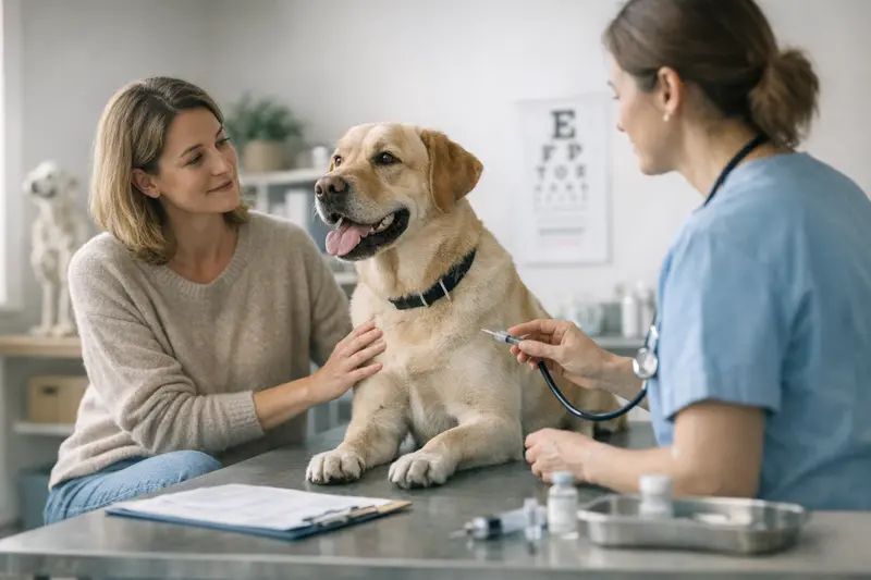 Vorsorgeuntersuchung für Hunde Ein gesunder Hund bei einer tierärztlichen Vorsorgeuntersuchung, die Impfungen und Gesundheitschecks umfasst.