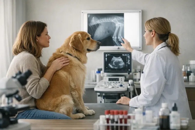 Ein Hund beim Tierarzt, der auf einem Röntgengerät untersucht wird.