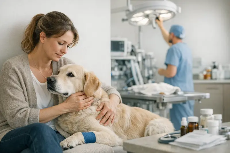 Unterschied zwischen OP-Versicherung und Hundekrankenversicherung Illustration eines hundeärztlichen Konsults zur Unterscheidung zwischen OP-Versicherung und Hundekrankenversicherung.