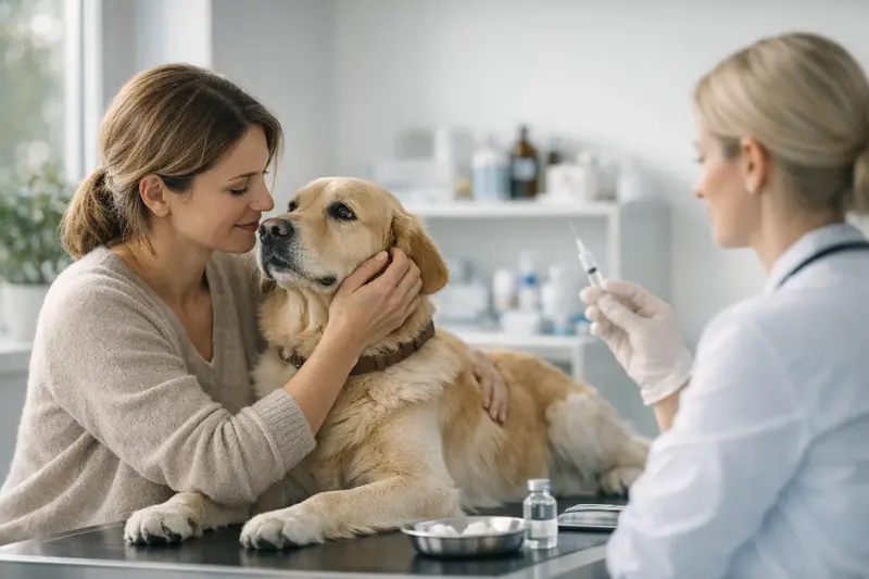 Hund beim Tierarzt zur Impfung, der Zusammenhang zur Tierkrankenversicherung und Vorsorgeleistungen ist evident.