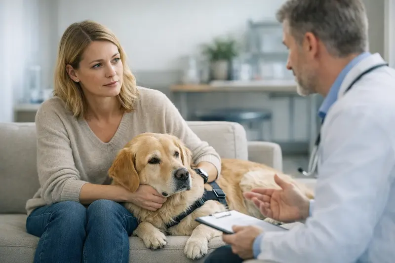 Hund beim Tierarzt zur Vorerkrankung Hund beim Tierarzt, der wichtige Informationen zu Vorerkrankungen gibt.