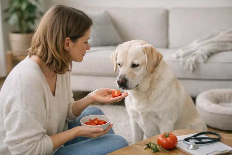 Eine Hundebesitzerin betrachtet reife Tomaten, während ihr Hund neugierig zuschaut.