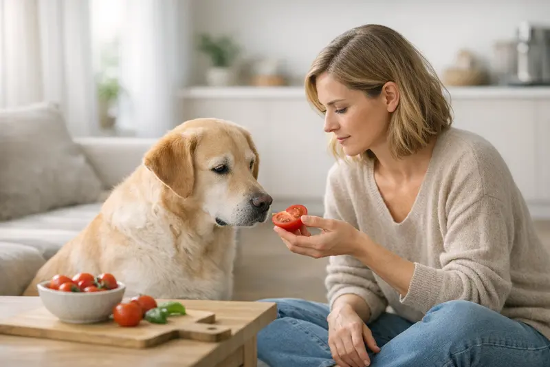 Reife Tomaten und Hundeernährung Reife Tomaten auf einem Tisch, geeignet als gelegentlicher Snack für Hunde, während ein Hund neugierig daneben sitzt.