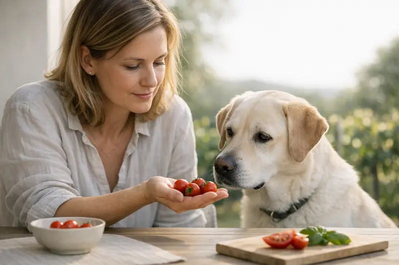 Reife Tomaten für Hunde: Erlaubt oder gefährlich? Ein Hund schaut curiously auf reife Tomaten, die auf einem Tisch liegen, während eine verantwortungsvolle Tierhalterin ihm erklärt, ob diese er erlaubt sind.
