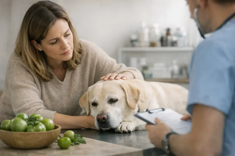 Unreife Tomaten und ihre Gefahren für Hunde Unreife Tomaten auf einem Tisch, die für Hunde gesundheitliche Risiken darstellen können.