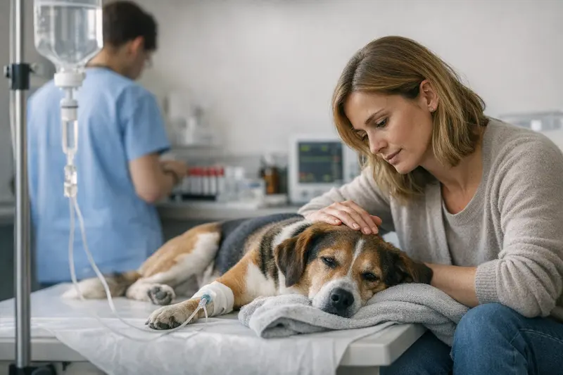 Tierarztkosten bei Vergiftungsverdacht Tierarzt und Besitzer besprechen die Behandlungskosten bei Vergiftungsverdacht eines Hundes
