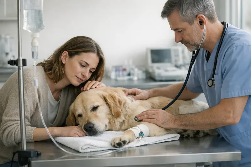 Eine Tierärztin untersucht einen Hund auf mögliche Vergiftungsanzeichen.
