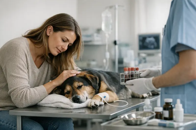 Tierarzt untersucht Hund auf Vergiftungsverdacht mit Laborutensilien