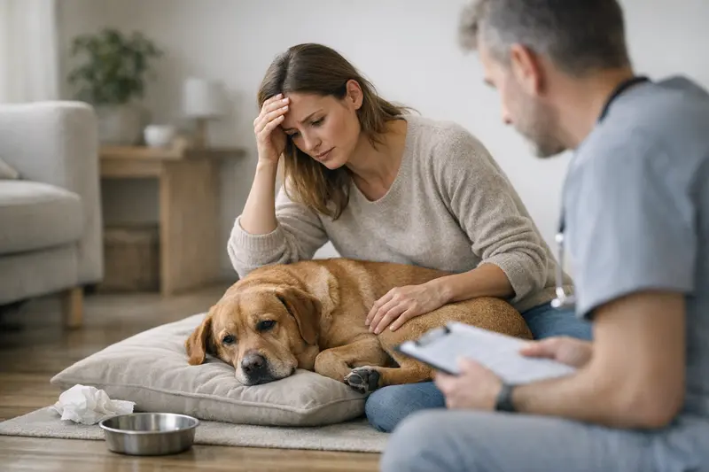 Hundehalterin beobachtet besorgt ihren Hund auf Anzeichen einer Erkrankung, um rechtzeitig einen Tierarzt aufzusuchen.