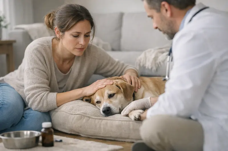 Tierärztliche Symptomprüfung Hund Ein Hund zeigt Anzeichen von Unruhe und Bauchschmerzen, die einen tierärztlichen Check erfordern.
