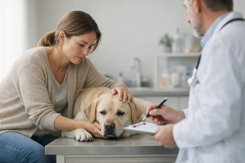 Hundehalter auf der Suche nach Symptomen für einen Tierarztbesuch Hundehalter mit besorgtem Gesicht, der seinen Hund untersucht, um Symptome für einen tierärztlichen Check zu erkennen.