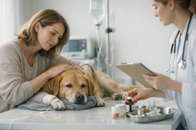Ein Hund sitzt beim Tierarzt und erhält eine Untersuchung auf Vergiftungssymptome.