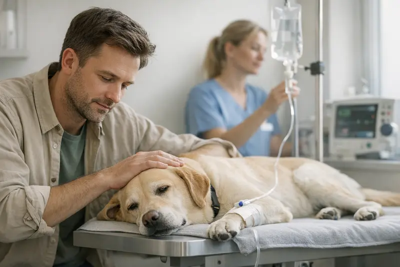 Tierarzt Notfallbehandlung für Hunde Tierarzt bei der Behandlung eines Hundes mit Verdacht auf Tomatenvergiftung.