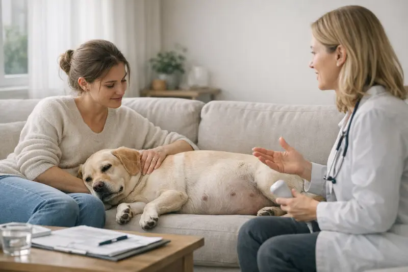 Veterinärmedizinische Untersuchung für schwangere Hunde Gesunde Hunde während einer veterinärmedizinischen Untersuchung.