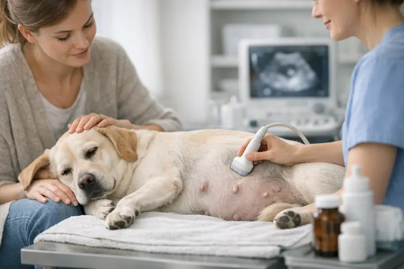 Hundekrankenversicherung und Trächtigkeit Eine schwangere Hündin liegt entspannt in ihrem Nest.