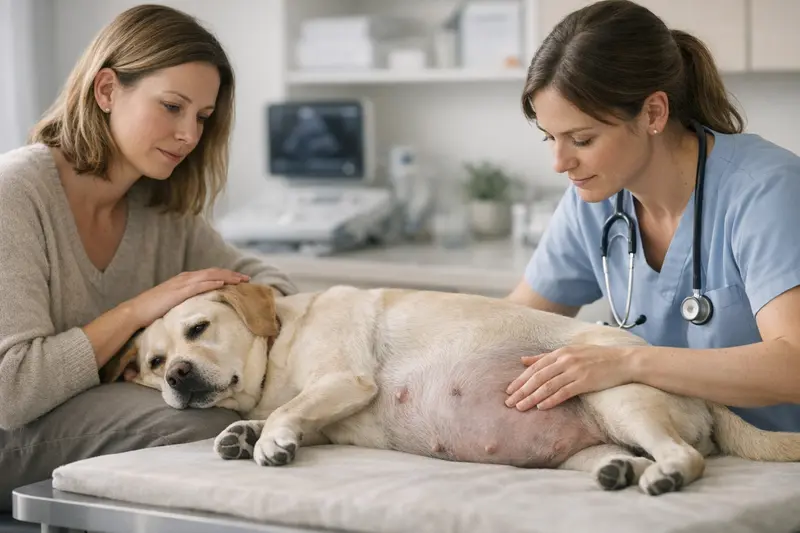 Kaiserschnitt bei Hunden - Gesundheitsleistungen Hündin mit Welpen nach einem Kaiserschnitt beim Tierarzt.