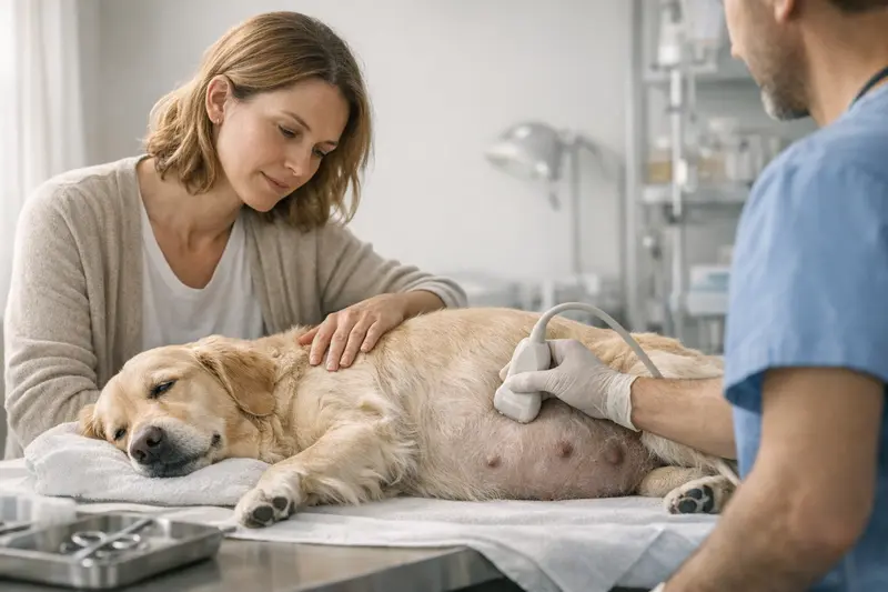 Kaiserschnitt bei Hunden – Tierarztkosten und Versicherung Hündin mit Welpen nach einem Kaiserschnitt beim Tierarzt.