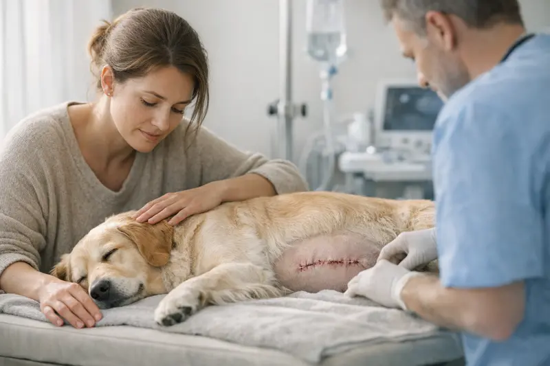 Schwangere Hündin bei tierärztlicher Untersuchung Hundeärztin untersucht eine schwangere Hündin vor einem Kaiserschnitt