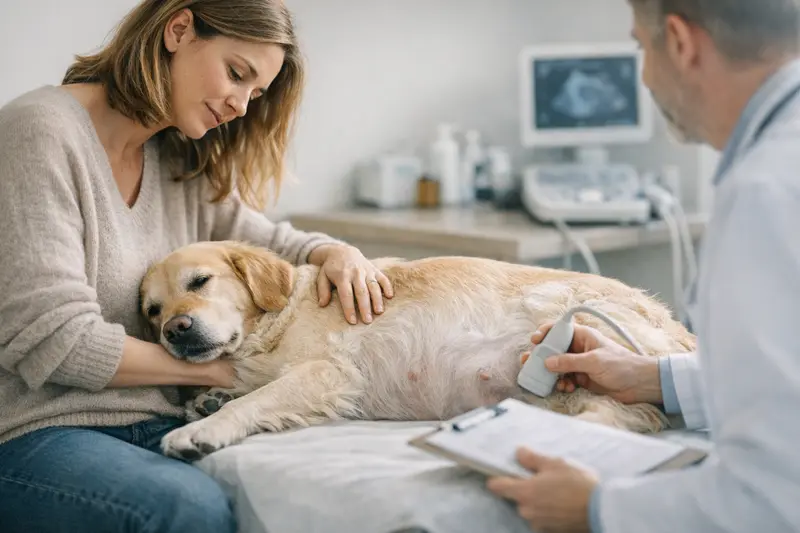 Eine schwangere Hündin beim Tierarzt zur Gesundheitsuntersuchung.