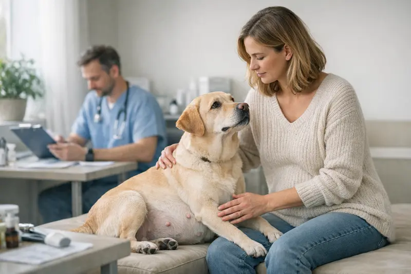 Wartezeiten bei Trächtigkeit und Tierarztbesuche Hundehalterin bespricht mit dem Tierarzt wichtige Informationen zu Wartezeiten bei Trächtigkeit.