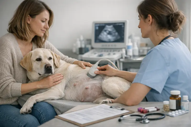 Ultraschalluntersuchung bei trächtigen Hunden Ein Tierarzt führt eine Ultraschalluntersuchung bei einer trächtigen Hündin durch, um den Gesundheitszustand zu überprüfen.