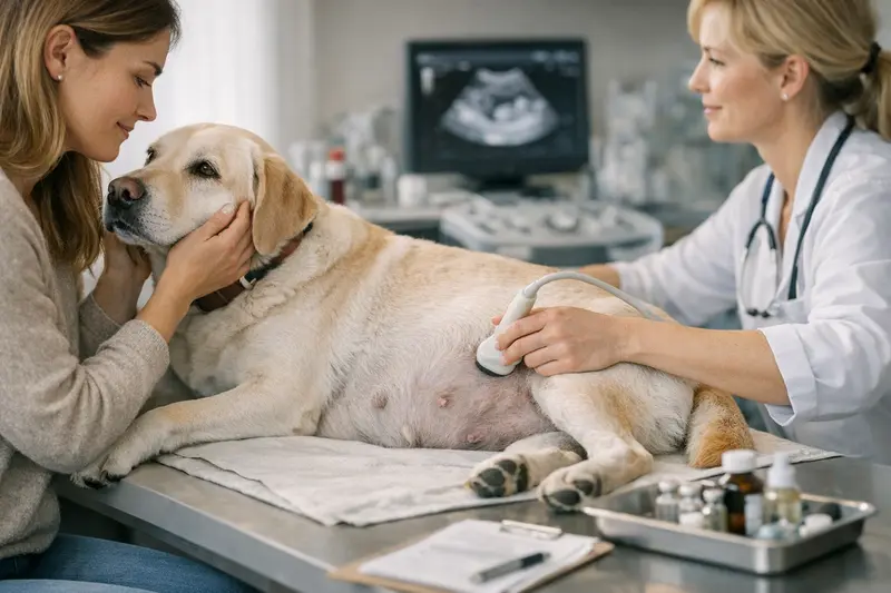 Eine Tierärztin prüft einen schwangeren Hund auf Gesundheitszustand und mögliche Kosten für die Vorsorge.