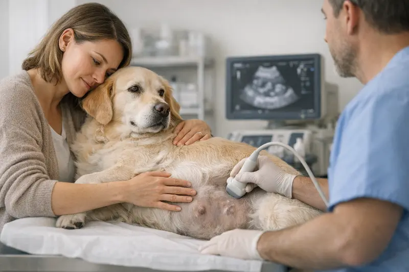 Ultraschalluntersuchung Schwangere Hündin Schwangere Hündin beim Ultraschalluntersuchung beim Tierarzt.