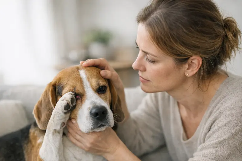 Tränendes Auge beim Hund – Dringlichkeit und Ursachen Ein Hund mit tränendem Auge bei einem Tierarztbesuch