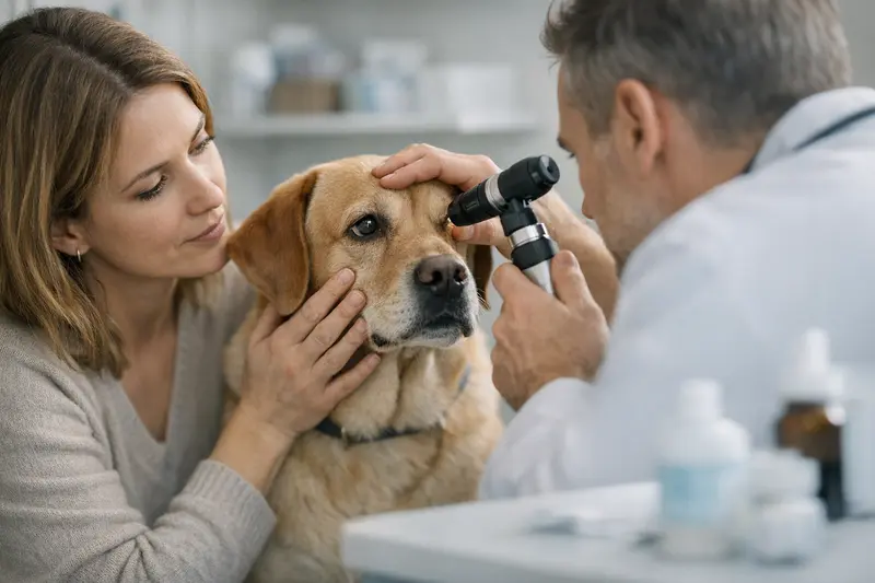 Tierarzt untersucht Hund auf mögliche Augenprobleme.