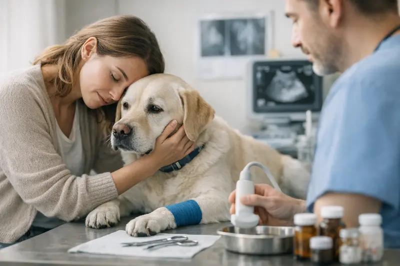 Tierarztuntersuchung Hund Ein Hund bei einer Tierarztuntersuchung zur Diagnostik von gesundheitlichen Problemen.