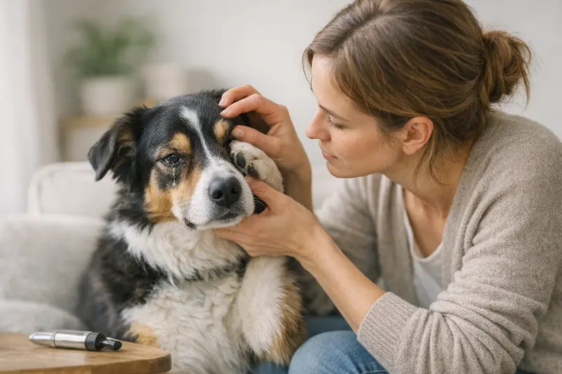 Hund mit tränenden Augen Ein Hund mit tränenden Augen, der Anzeichen von Unbehagen zeigt.