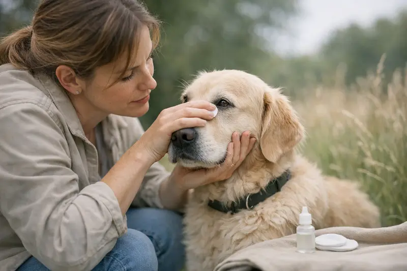 Hundehalterin kontrolliert die Augen ihres Hundes nach einem Spaziergang.