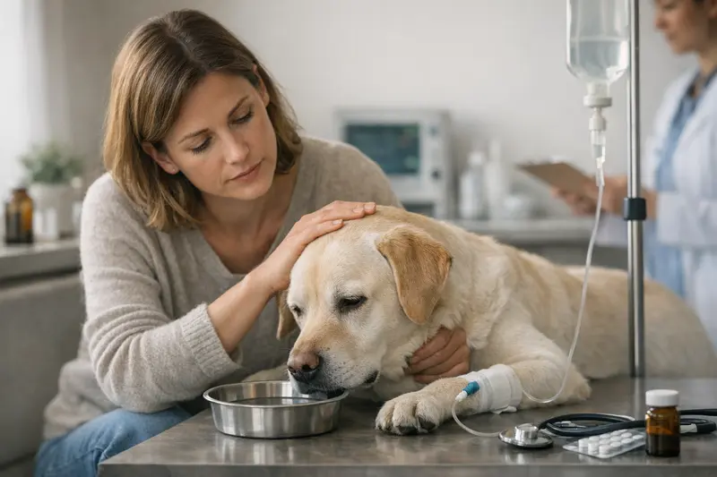 Ein Hund sitzt nach einer Behandlung beim Tierarzt und erhält Medikamente.