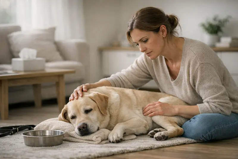Hund mit Anzeichen von Krankheit, der tierärztliche Hilfe benötigt.