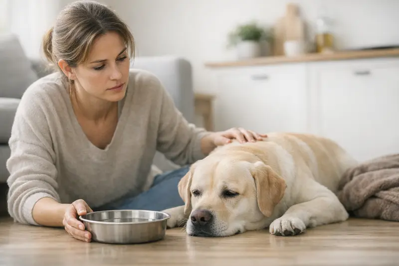 Hund trinkt weniger Wasser - Ursachen und Warnsignale Ein Hund mit einer Wasserenschüssel, der weniger trinkt, was gesundheitliche Probleme signalisieren könnte.