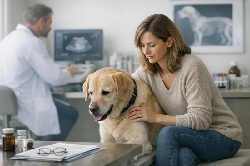 Ein Hund sitzt beim Tierarzt und wird untersucht, um die Ursache für vermehrtes Trinken herauszufinden.